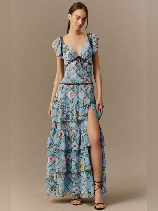 BHLDN Dresses & Skirts - BHLDN from Anthropologie Tiered Maxi Dress in Blue Garden Pattern
